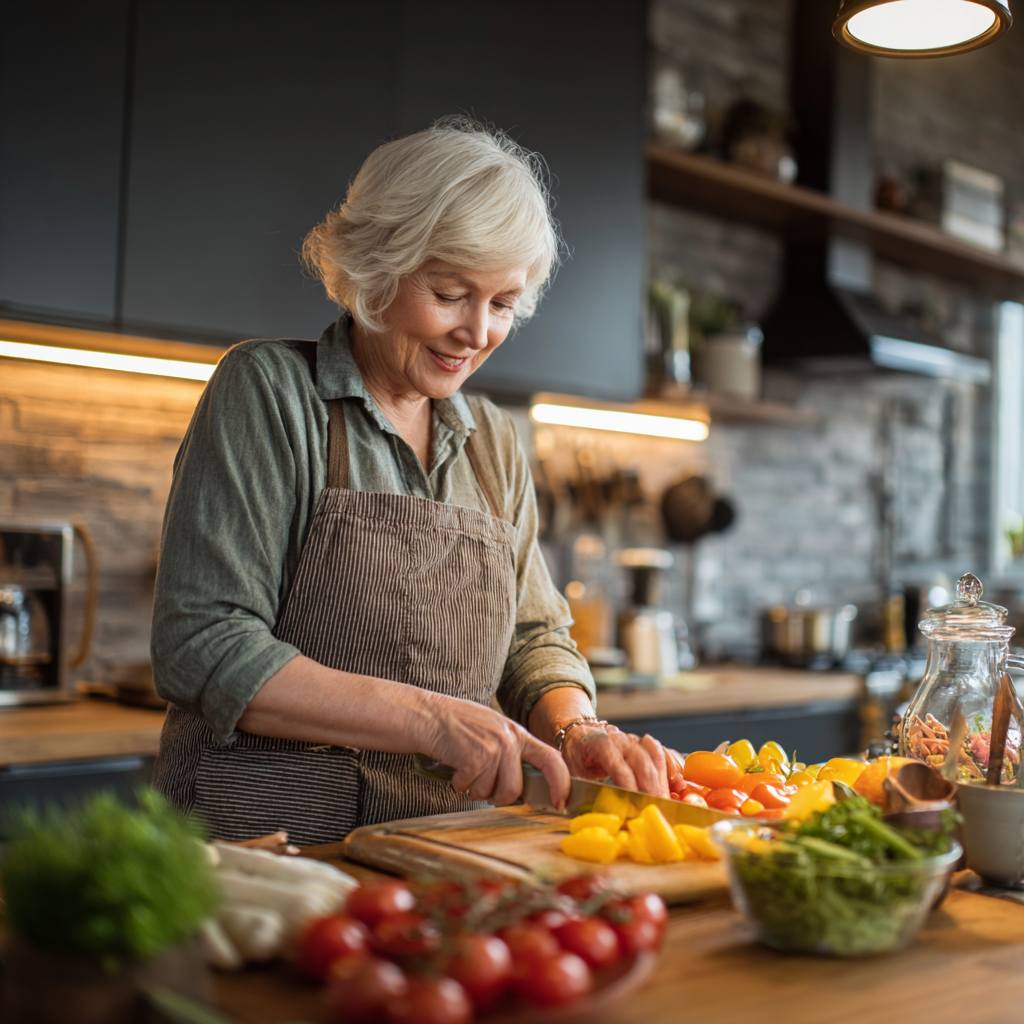 Senior woman preparing healthy balanced meal in modern kitchen